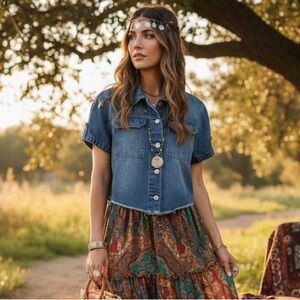 Y2K Boho Glam Short Sleeve Denim Crop Jacket Raw Hem Blue Jean Shirt Large